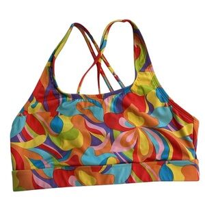 Humankind swim top bikini strappy back high neck red yellow orange Medium